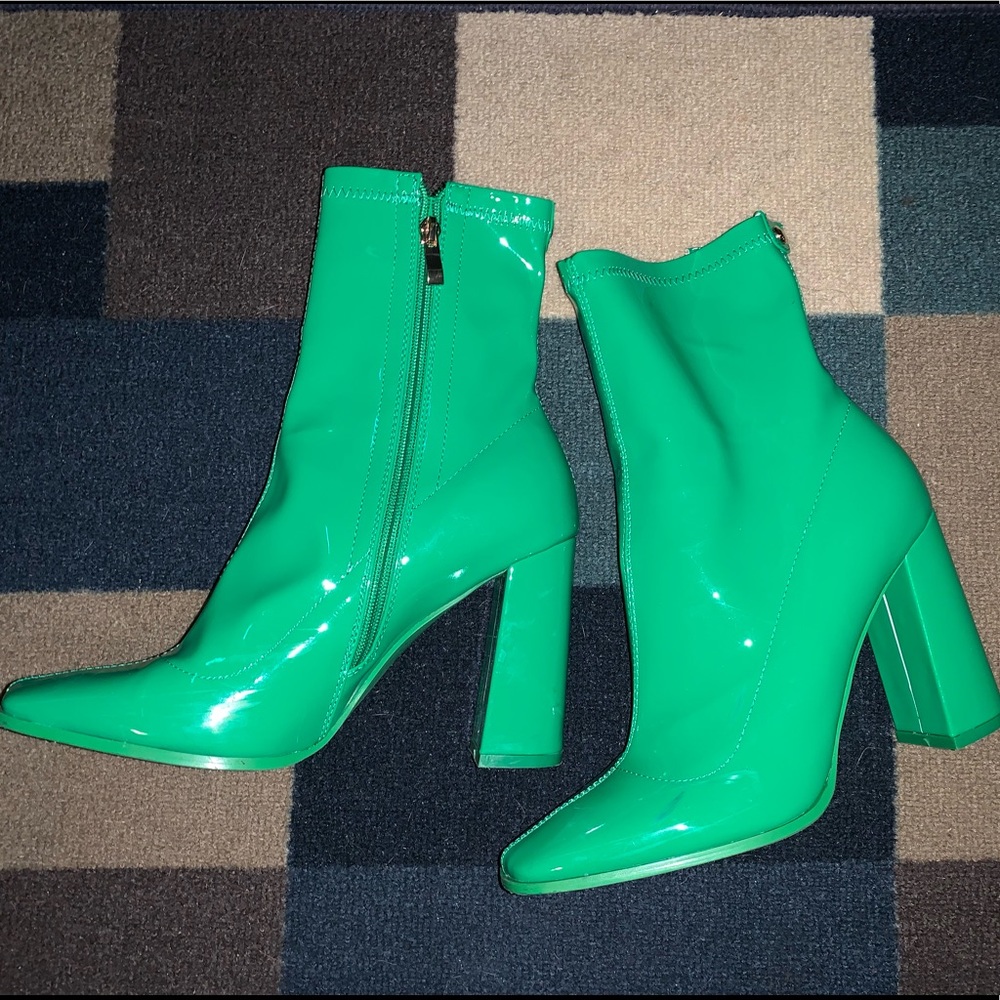 Green, block healed booties by Azalea Wang